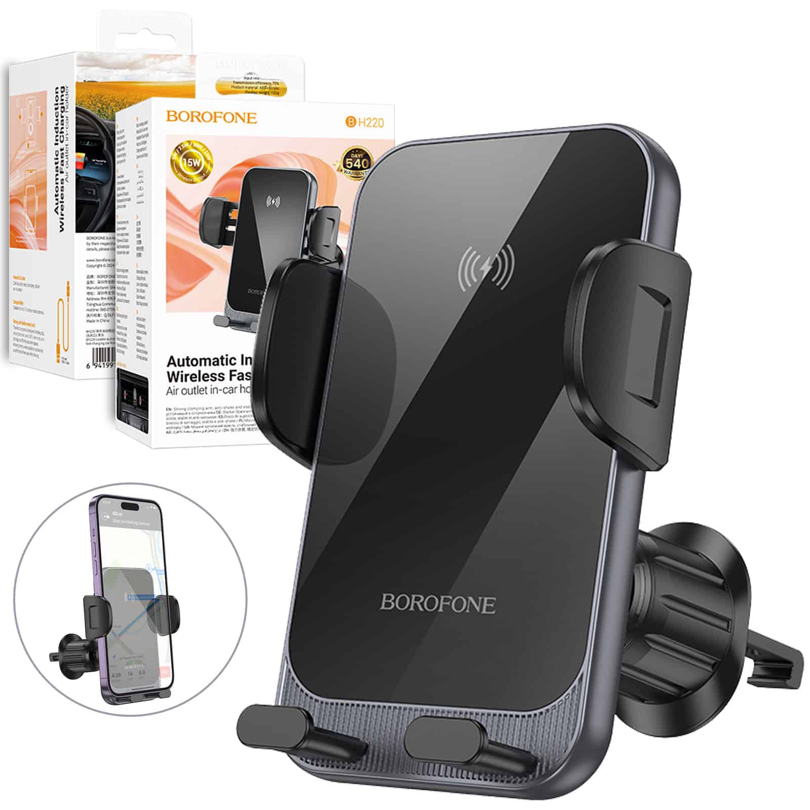 Borofone BH220 15W Automatic Induction Wireless Fast Charging Air Vent Car Mount Phone Holder Borofone BH220 15W Automatic Induction Wireless Fast Charging Air Vent Car Mount Phone Holder
